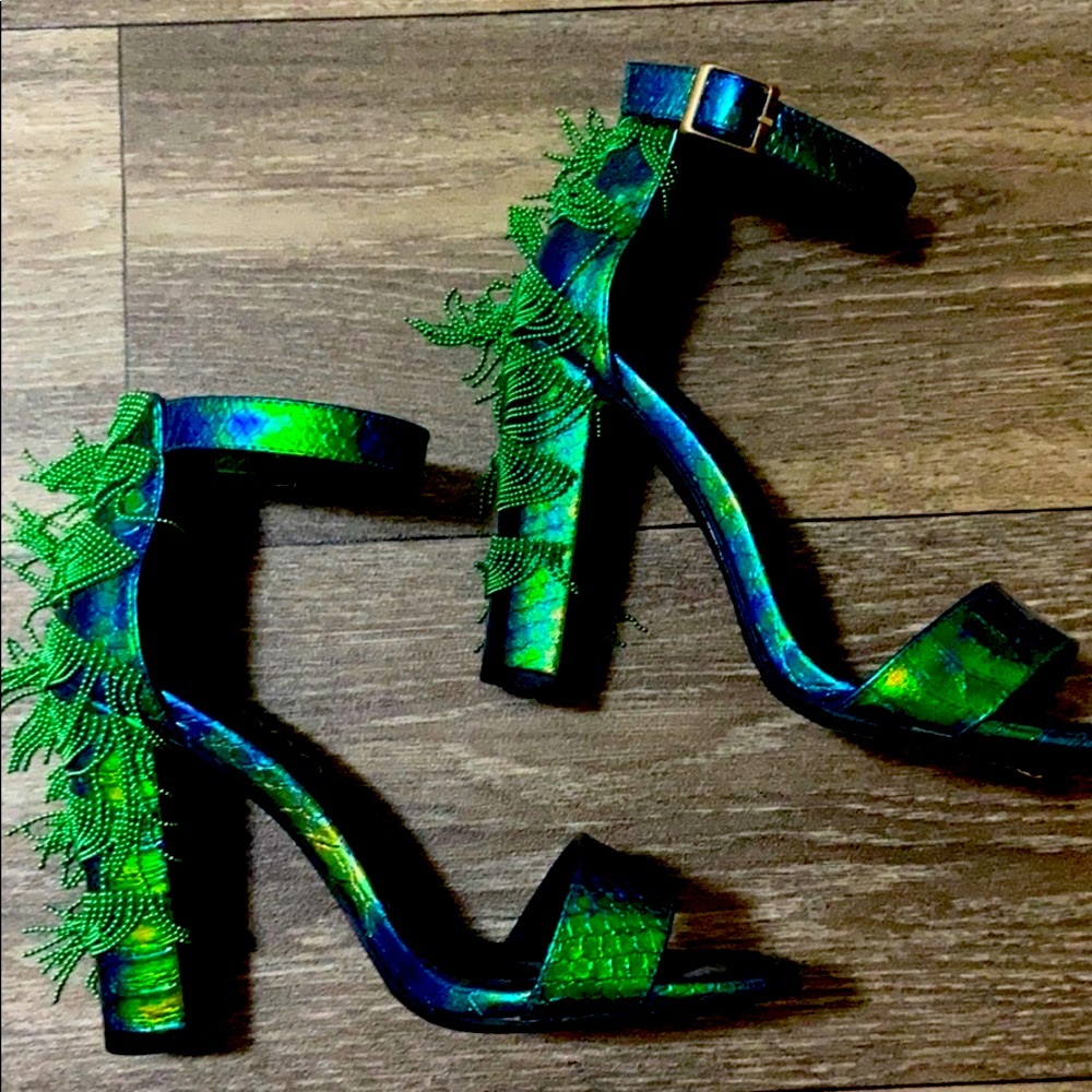 Liliana Green Holo Waterfall Beaded Chunky Heel